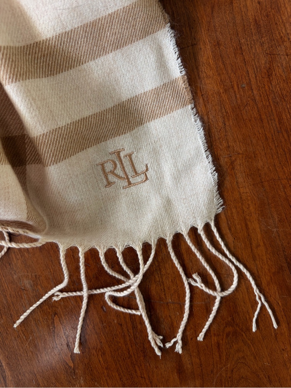 Ralph Lauren Blush and Camel Logo Fringe Scarf - Picture 4 of 5